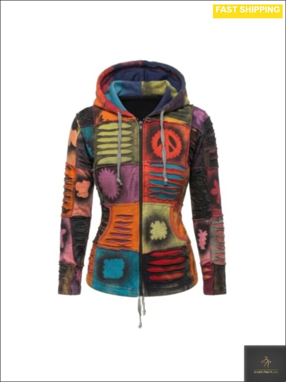 Womens Cotton Patchwork Boho Hoodie Jacket Zip Up Cardigan